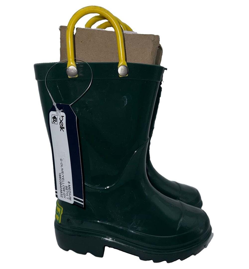 Nautica Seth Toddler Boys Rain Boots Size 6M Dark Olive Yellow Pull Handles